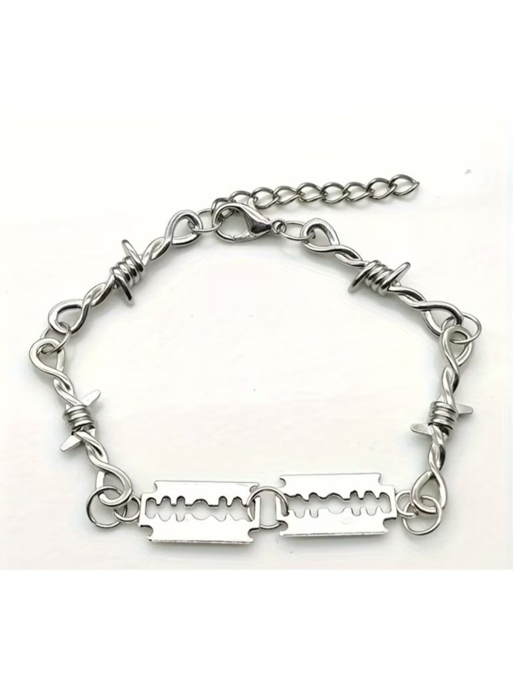 FAKE Razor Blade & Barbed Wire Bracelet Adjustable Silver-Tone Chain Punk Gothic